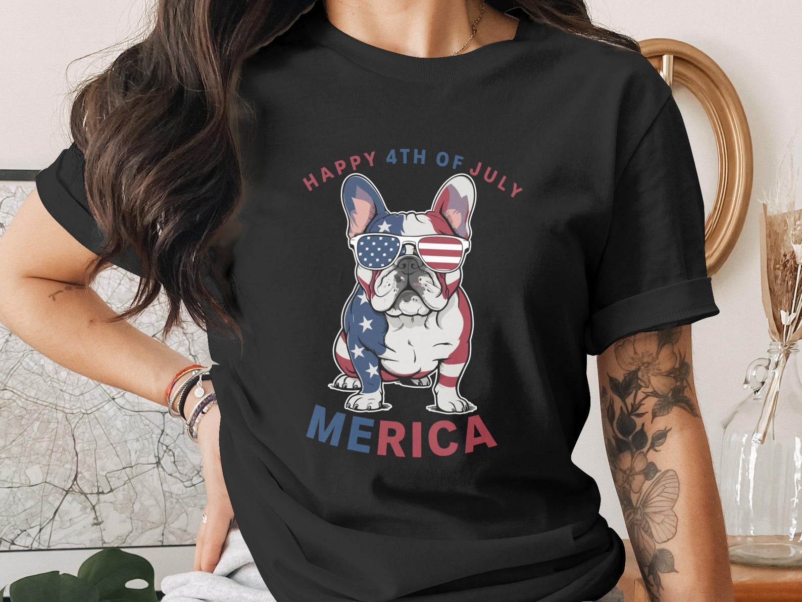 4th of July French Bulldog T-Shirt, Patriotic Merica Dog Tee, American Flag Frenchie Owner Gift, Funny Dog Lover Independence Day Shirt 2XL