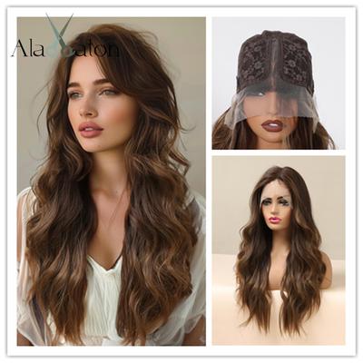 Longues Perruques Ondulées Naturelles à Dentelle Frontale Perruques Synthétiques Ombrées Marron pour Femmes Blanches Noires Cheveux Quotidien Fête Mariage