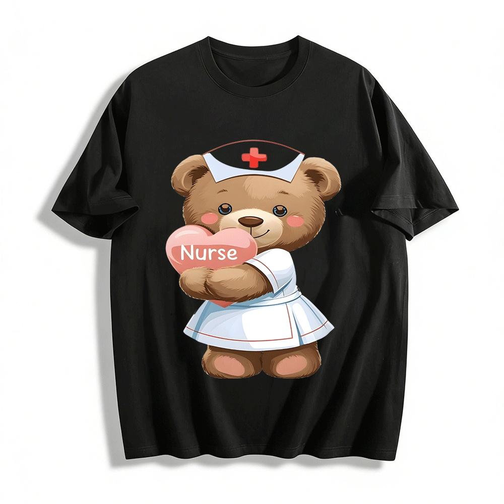Cute Nurse Bear Heart Print Casual Daily Versatile Top Pure cotton T-shirt XXS