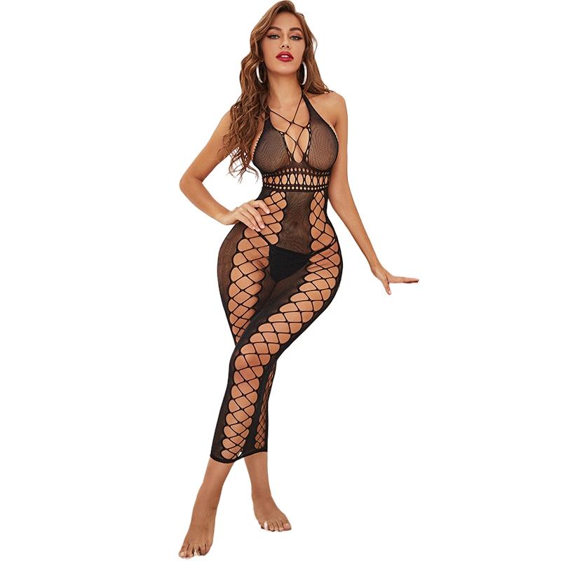 Womens One Piece Bodysuit Mesh Halter Long Dress Sexy Fishnet Dress Lingerie Backless Sexy Stocking Sexy Lingerie Dress Costumes