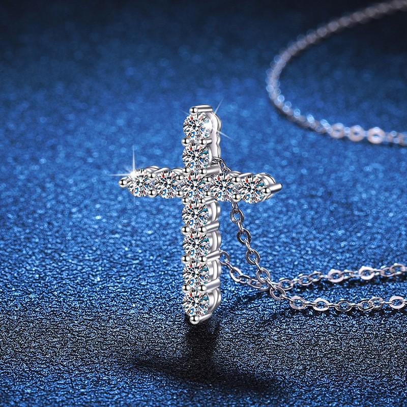 Sterling Cross Pendant Necklace With Lab-Created Moissanite Stones Women Men Minimalist Fashion Jewelry