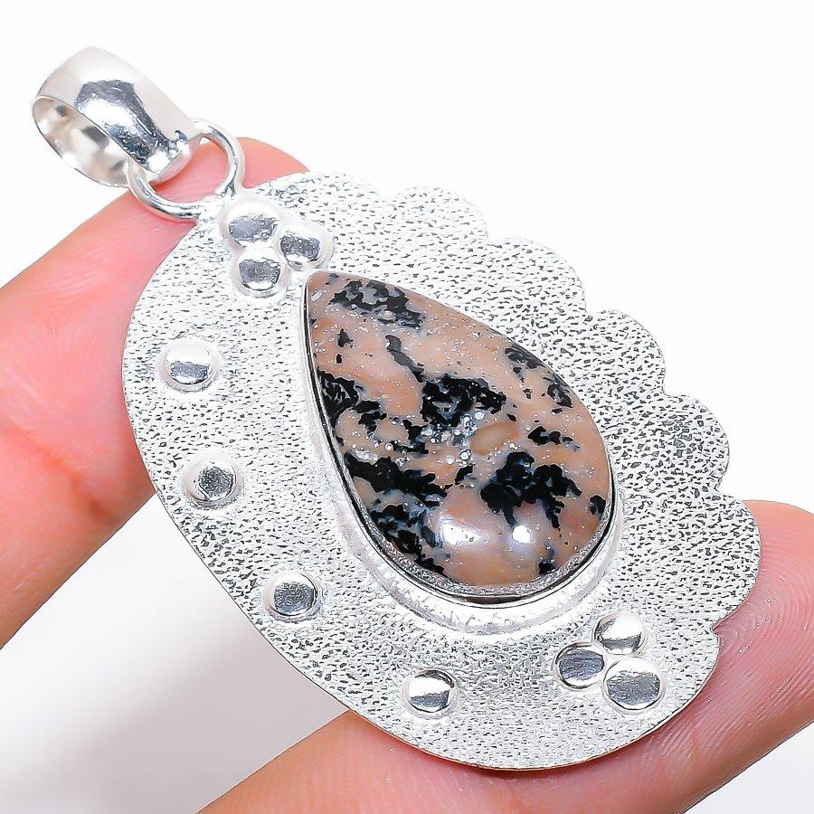 Honey Dendritic Gemstone Handmade 925 Sterling Silver Jewelry Pendant 2.40"
