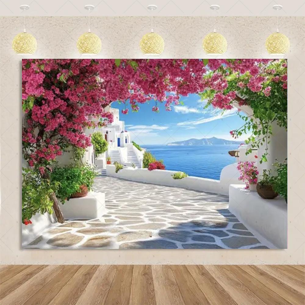 Nordische Griechische Landschaft Hausparty Dekorationen Inselstadt Santorin Blaue Kuppel Kirche Ägäis von Santorin Fotografie Hintergrund