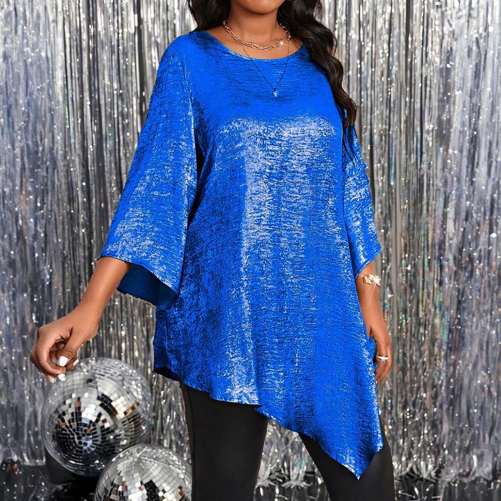 Fashionable Women's Plus Size Loose Round Neck Mid-sleeve Irregular Hem Top