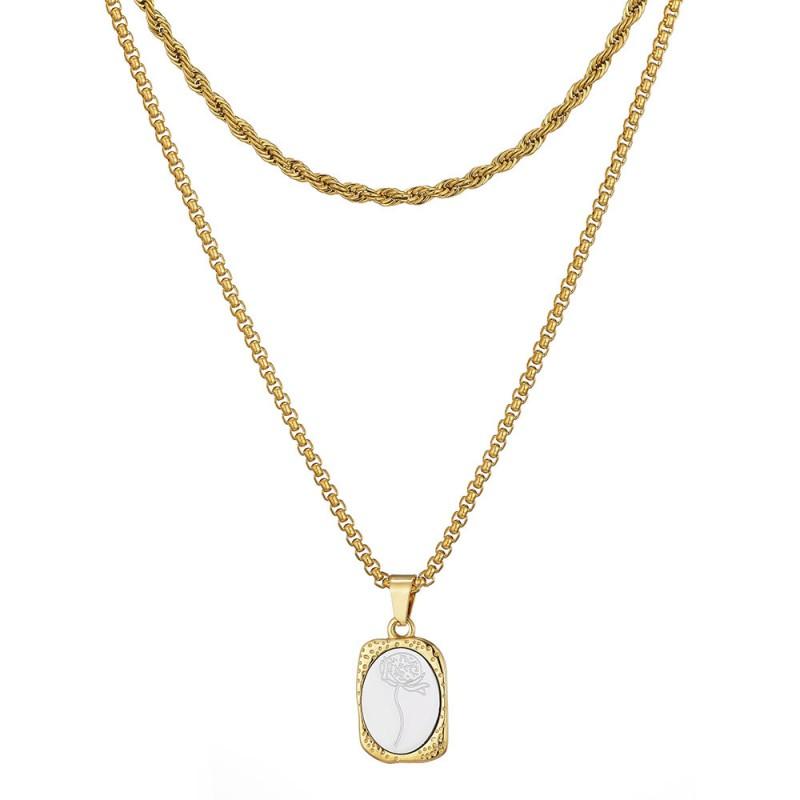 Vintage Floral Titanium Steel Necklace With Engraved French Mirror Square Pendant Layered Locket Chain Women