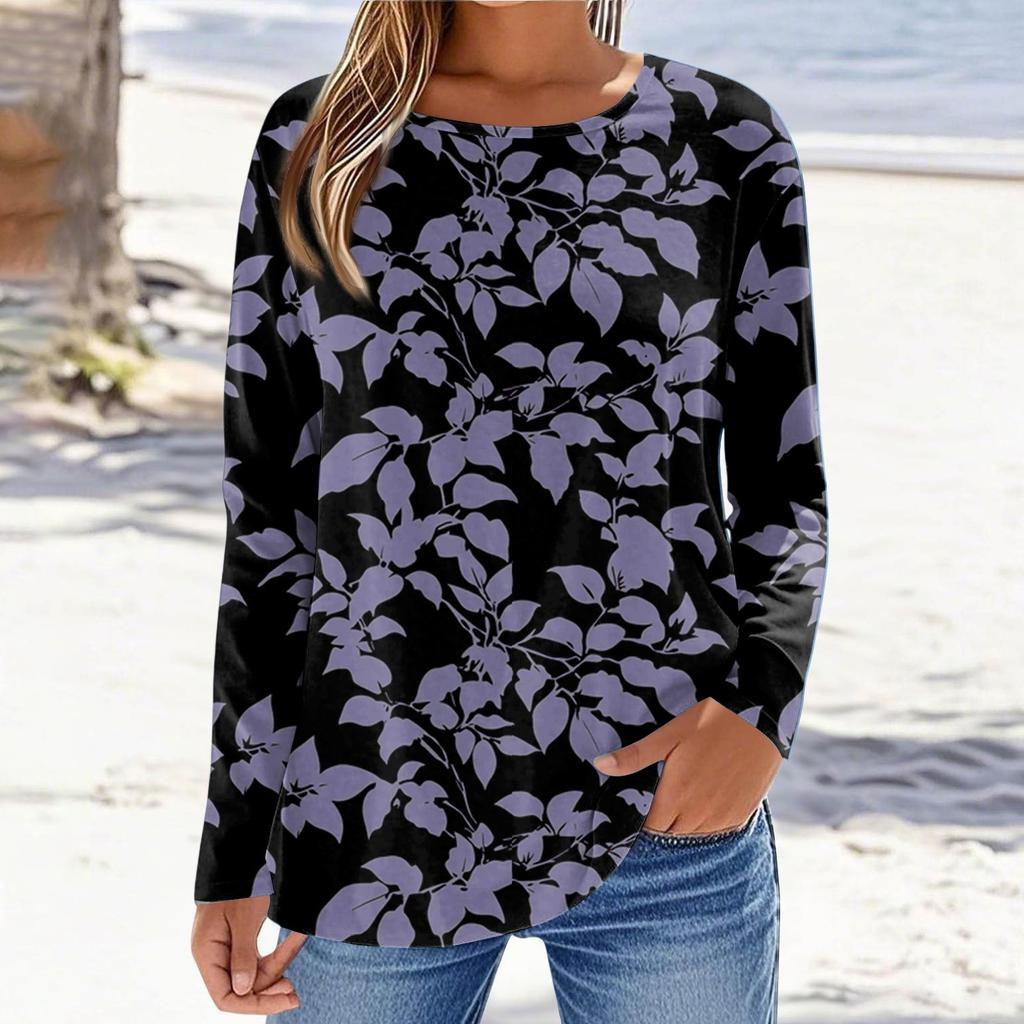 Women's Fashionable Casual Printed Long Sleeved Round Neck Top Round Neck Top Top