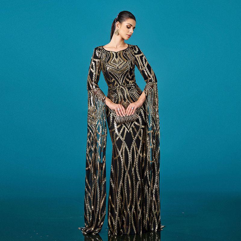 Cross-Border European and American Women s Long-Sleeved Evening Dress Sequin Evening Dress Gown Black Gold S