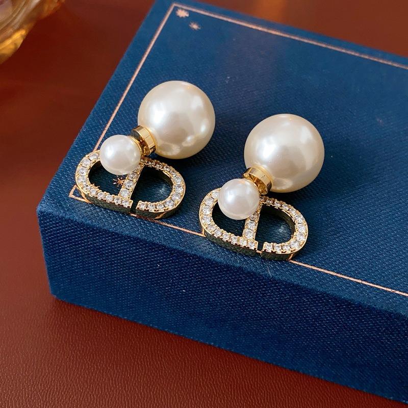 Silver Needle Multi-layer Letter Twill Zircon Pearl Earrings Medieval Vintage Light Luxury Stud Earrings Versatile Earrings