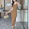 Korean Contrasting Colors Midi Dress Women's Slim Stylish Splice Summer Sleeveless Elegant Split Basic Knitted Sundress