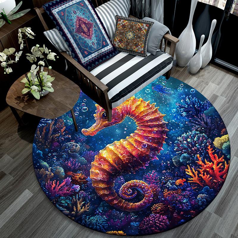 Seahorse Round Area Rug,Carpet Rug for Living Room Bedroom Sofa Playroom Decor,Non-slip Floor Mat