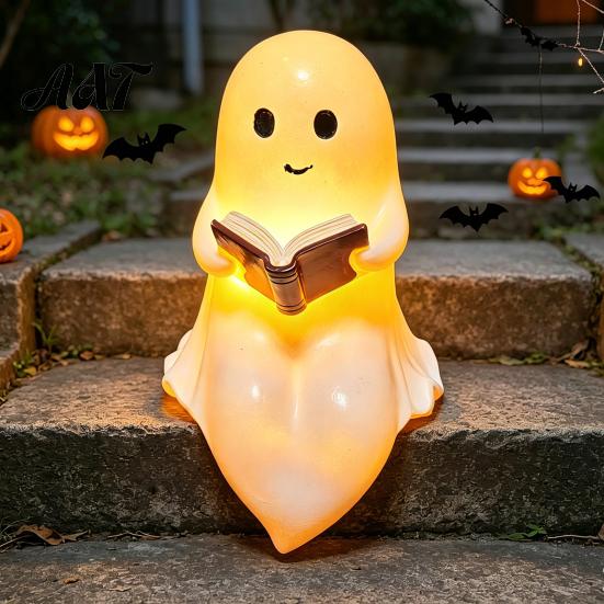 Cozy Halloween Atmosphere Light Hanging Ghost Night Resin Figurine, Vintage Farmhouse Glowing Tabletop Ornament, Country Style Display Warm