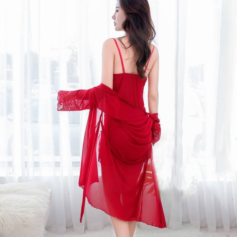 Sexy female summer with chest pad, lace suspender, nightdress, perspective split-ended outer robe set