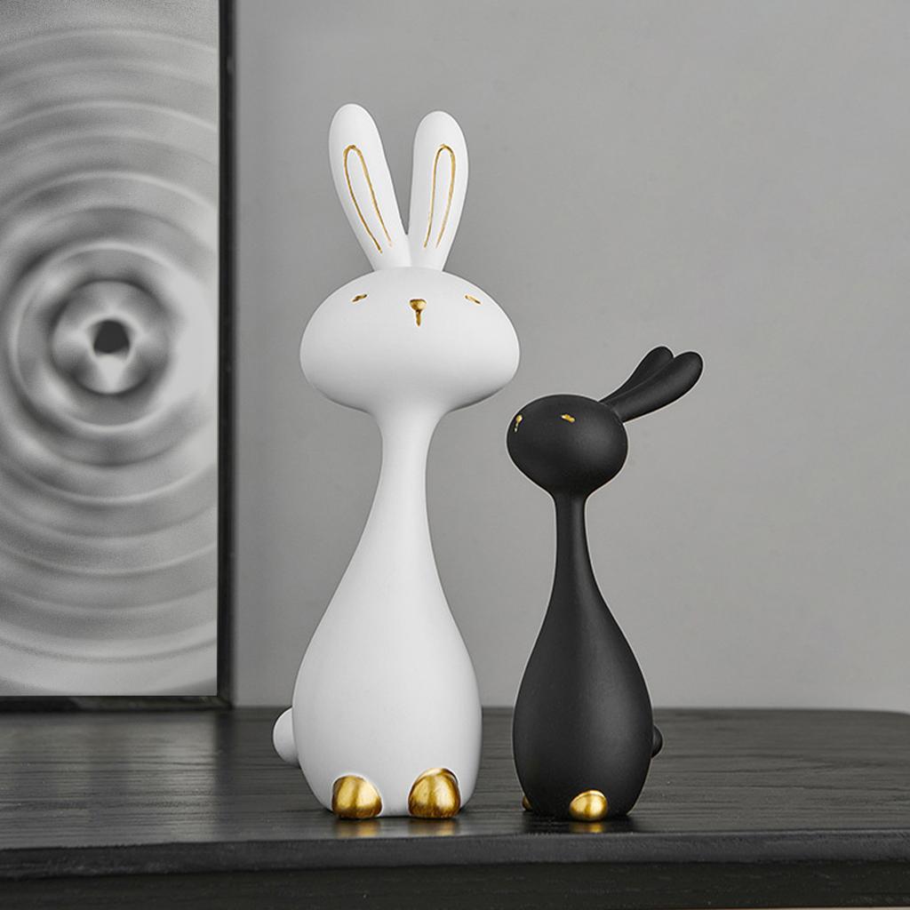 Confezione da 2 Coniglietti Pasquali Artistici Decorazione Festa di Primavera Scultura Figurina di Coniglio in Resina Bianco e Nero per Arredamento Casa