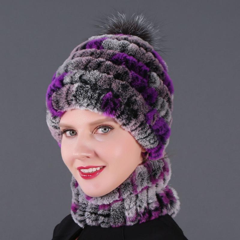 New hat scarf winter thickened thermal hat Rex rabbit fur grass Rex rabbit fur scarf two-piece set