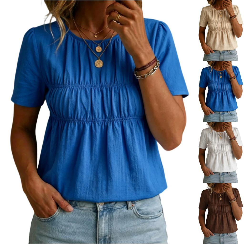 Women's Casual Short Sleeve T-Shirt Round Neck Solid Color Gathered Waist Relaxed Fit Lightweight Top for Everyday Wear