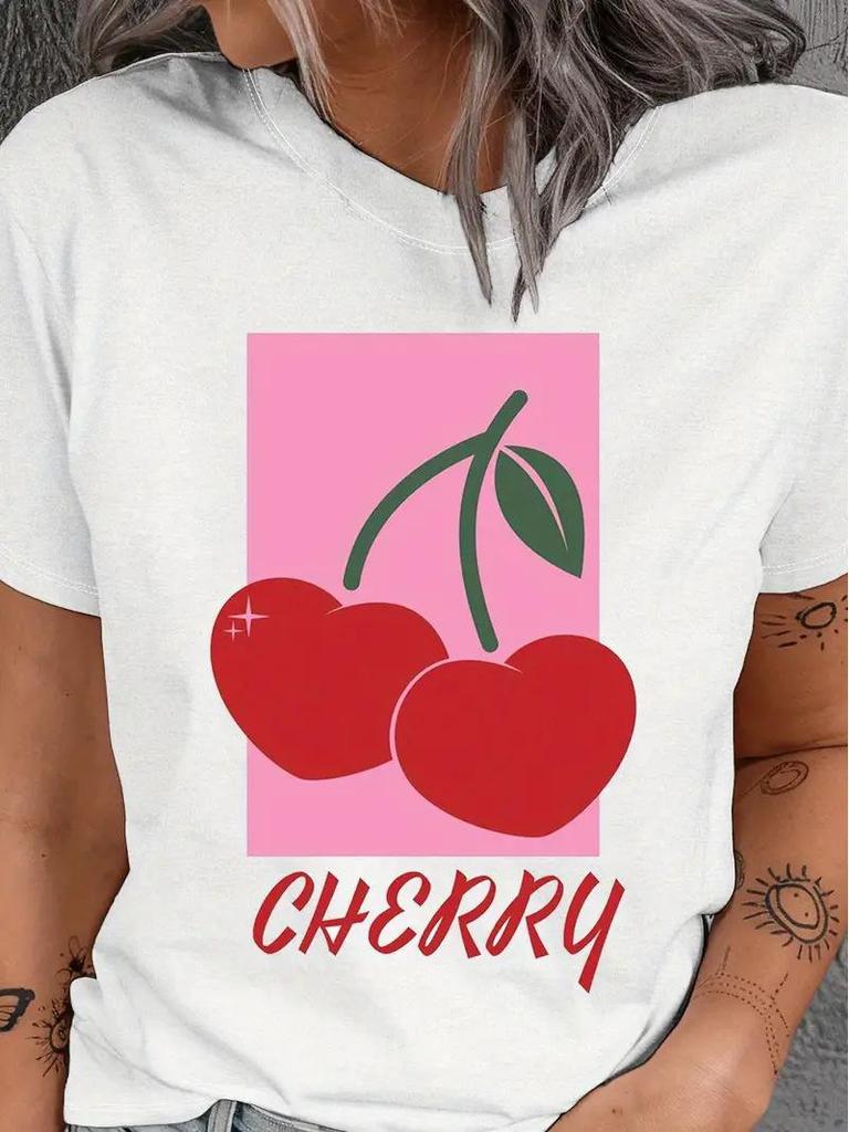 Women's Cherry Print Short-Sleeve Top with Free Shipping - European & American Style