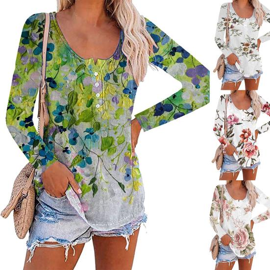 

Женская футболка с цветочным принтом и длинным рукавом, осенние свободные пуговицы с круглым вырезом