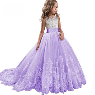 Abito da sposa da principessa ricamato 2024 per bambine con strascico a fiocco