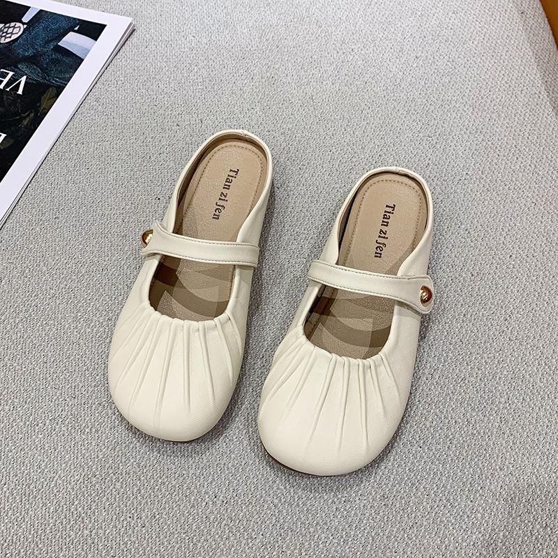 Soft Bottom Pleated Baotou Half Slippers Women's Spring and Summer Outer Wear New One-pedal Evening Breeze Flat Bottom Cool Slippers
