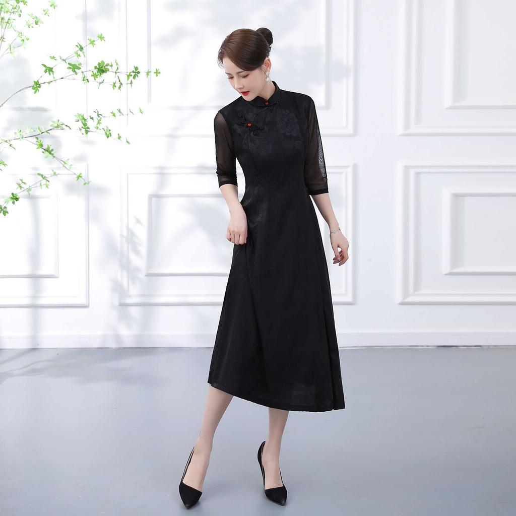 Black Aodai national style new Chinese long-sleeved cheongsam improved young women's high-end retro dress spring and summer
