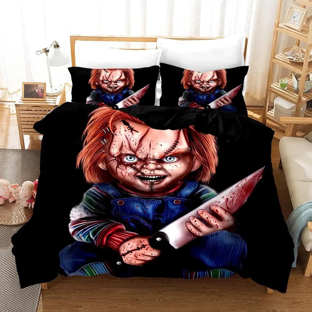 Halloween Bettbezug Horrorfilm Kissenbezug 3-teilig Digitaldruck Bettdecke Set Weich Bequem Atmungsaktiv Bettwäsche Set