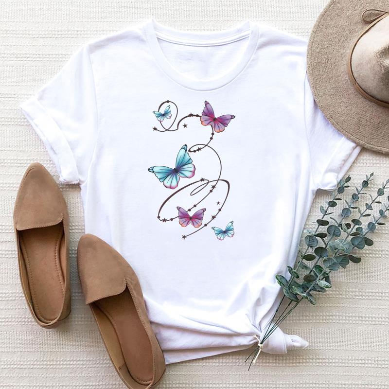 European size Clothing Women Butterfly Watercolor Trend Cute Print Short Sleeve Tee Top Fashion T Shirt Woman Female T Graphic T-shirts