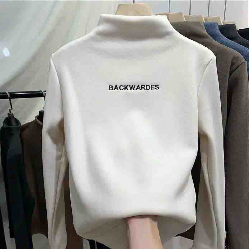 

Рубашка с полувысоким воротником, женская осенне-зимняя универсальная плюс бархатный толстый теплый топ, корейская футболка с длинными рукавами и вышивкой буквами