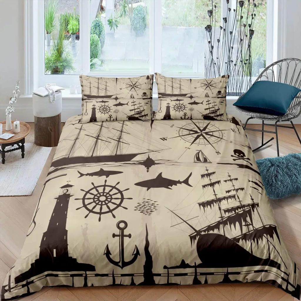 Anchor Nautical King Queen Duvet Cover Vintage Plank Blue Bedding Set Camping Adventure Quilt Cover Polyester Comforter Cover