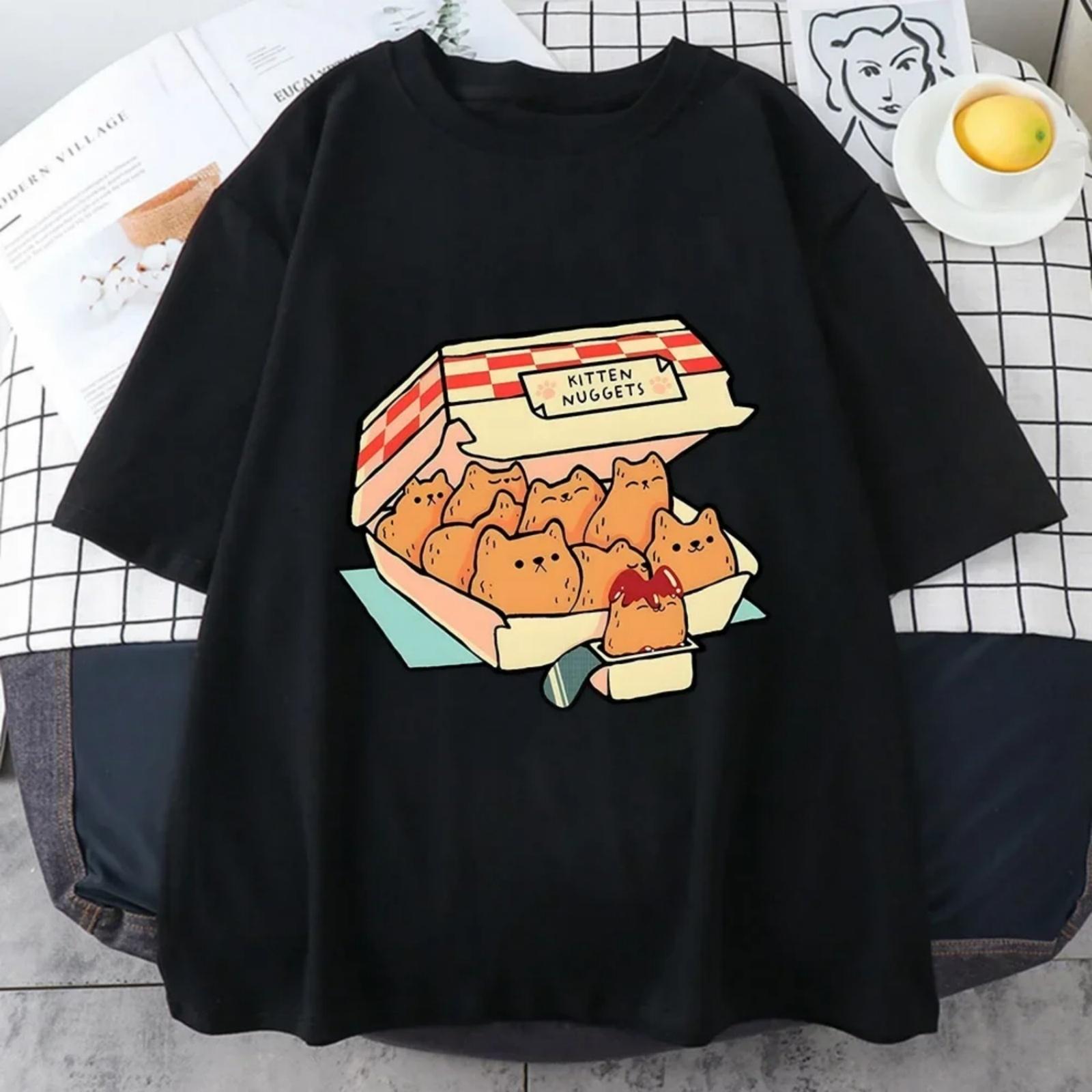 Cat Digging Gold Happy T-shirt for Women Kawaii Cute High Street T-shirt Cat Cookies Dipped in Sauce Short Sleeve S