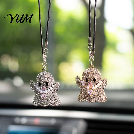 Festive Vehicle Accessories Halloween Ghost Bling Car Hanging Accessories, Faux Crystal Rear Mirror Ornament View Charm, Auto Interior Pendant