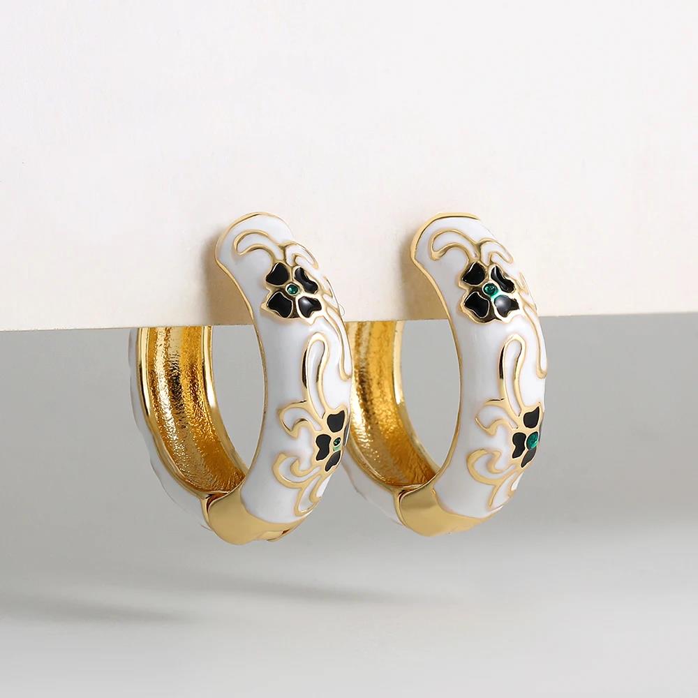 Vintage Multicolor Enamel Flower Round Hoop Earrings Boho Gold Color Circle Round Earrings Statement Jewelry Gifts for Women