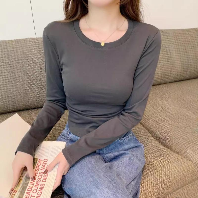 Curved hem front shoulder top women's simple card waist pleated long-sleeved T-shirt autumn design bottoming shirt