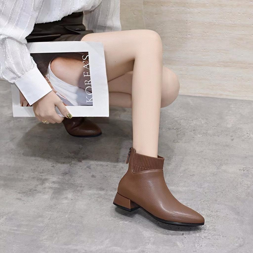 Pointed Short Boots Women's Simple Temperament Wool Tube Low Heel Leather Boots Rear Zipper Fashion Boots