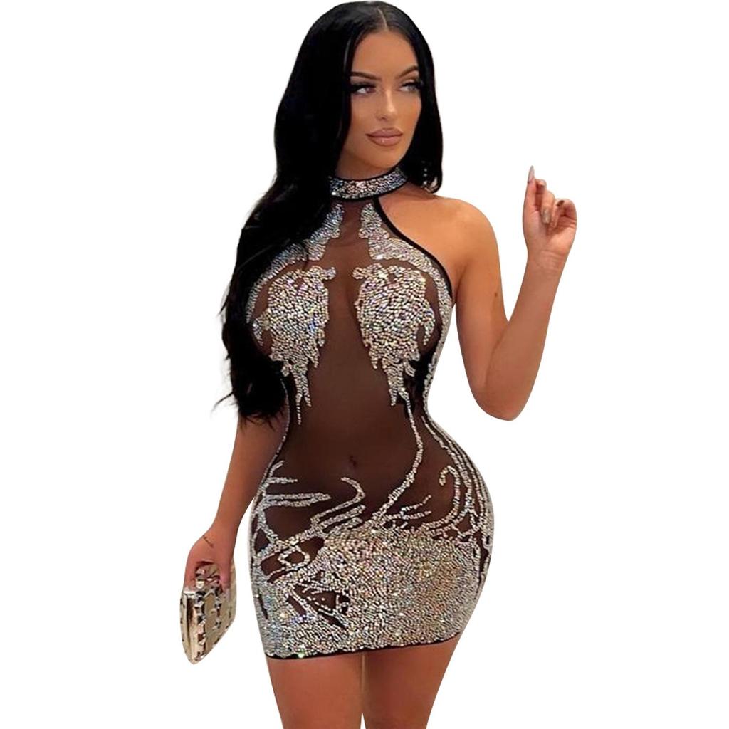 OS6681 Summer Sexy Mesh Diamond Dress - European/American Nightclub Style Women's Fashion