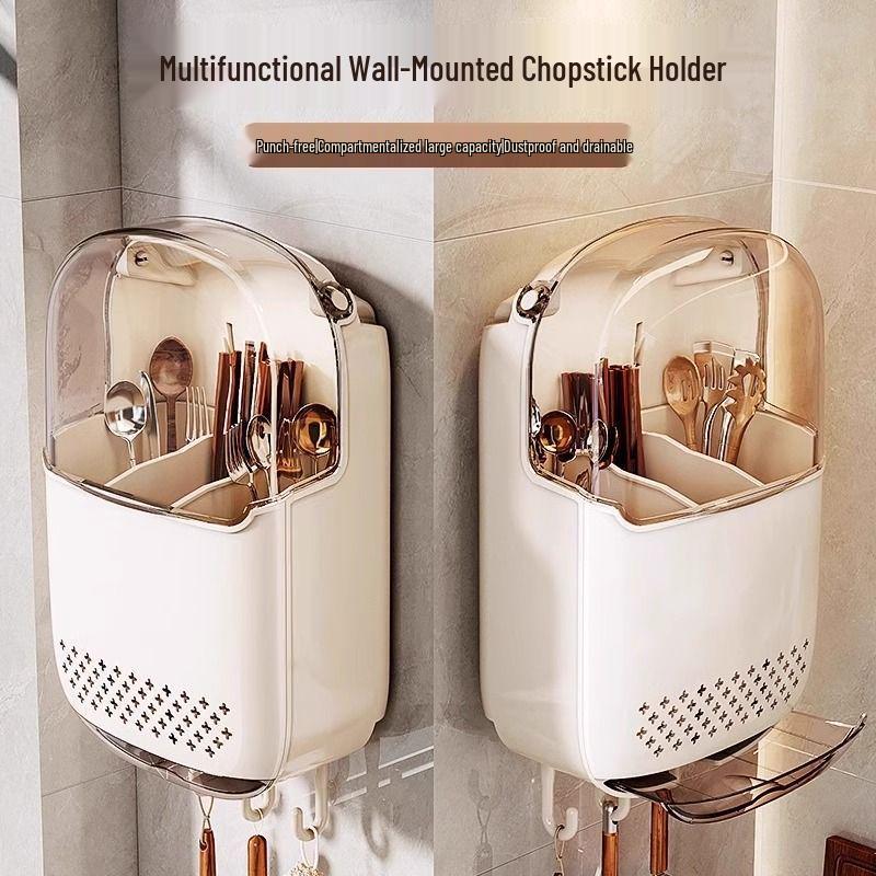 Wall-Mounted Chopstick & Spoon Holder: Punch-Free, Dustproof, Draining Storage Cage for Kitchen.