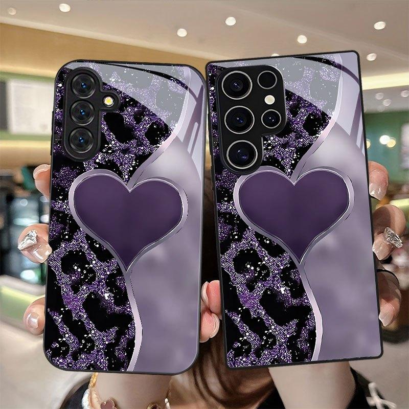 Purple Heart-shaped Pattern Tempered Glass Phone Case for Samsung Galaxy S26 S25 S24 S23 S22 S21 S20 Fe/plus/ultra Anti Drop