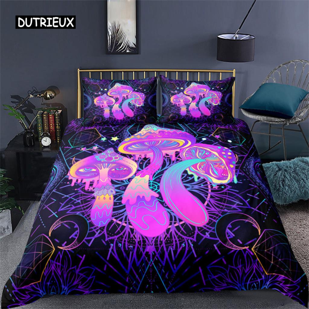 Fantasy Mushroom Duvet Cover Boho Lord Buddha Floral Print Bedding Set Exotic Indian Style Polyester Comforter Bedroom Decorate