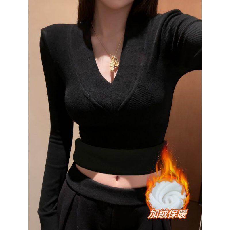 Women S Fleece Lined Long Sleeve Deep V Neck Thermal Top