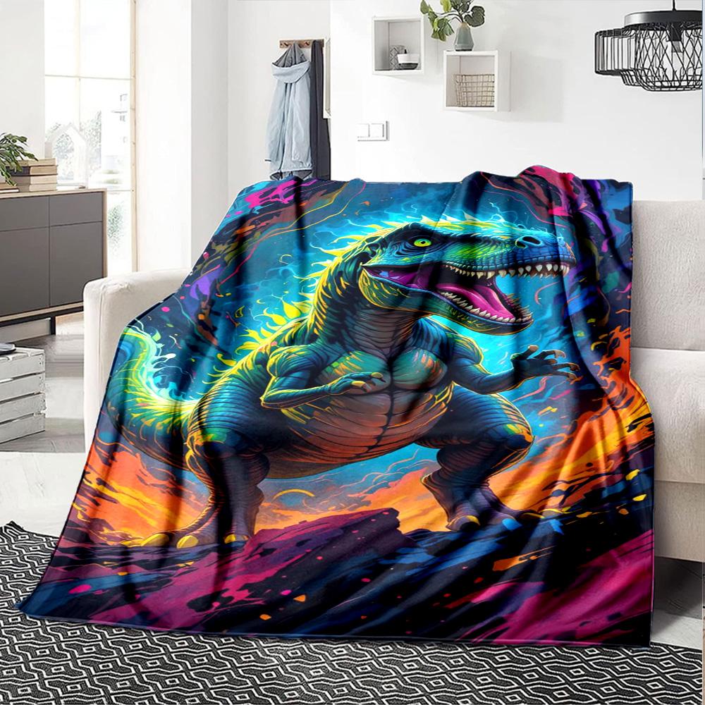Neon Colorful T‑Rex Dinosaur Fantasy Art Print Flannel Blanket Soft Warm Throw Blanket for Sofa Bed Living Room