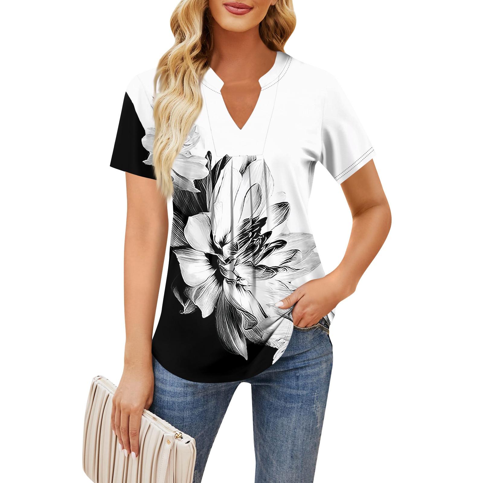 Женская повседневная свободная футболка с коротким рукавом и v-образным вырезом на груди — фото 5