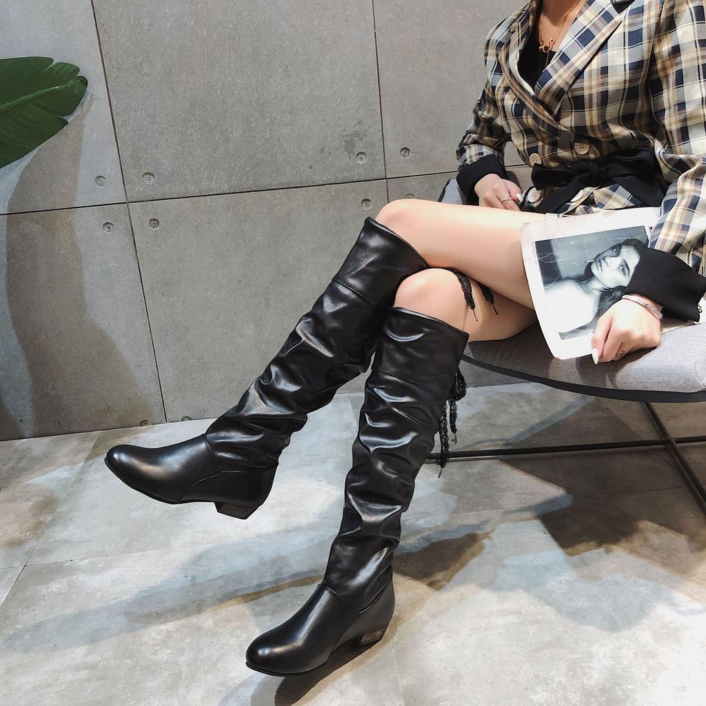 Stiefel Herbst und Winter neue trendige niedriger Absatz runde Spitze Stiefel große Größe Ritterstiefel