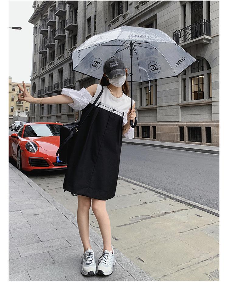 Women's Contrast Stitch Off-Shoulder Dress - Belly-Covering, Age-Defying, Slimming, Casual French Style, Summer Petite Skirt