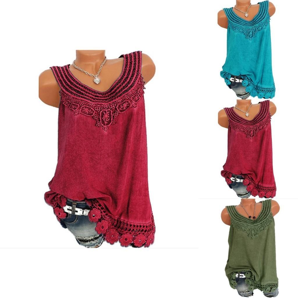 Women's Loose Sleeveless Vest T-shirt Blouse With Elegant Boho Lace Design In Plus Sizes