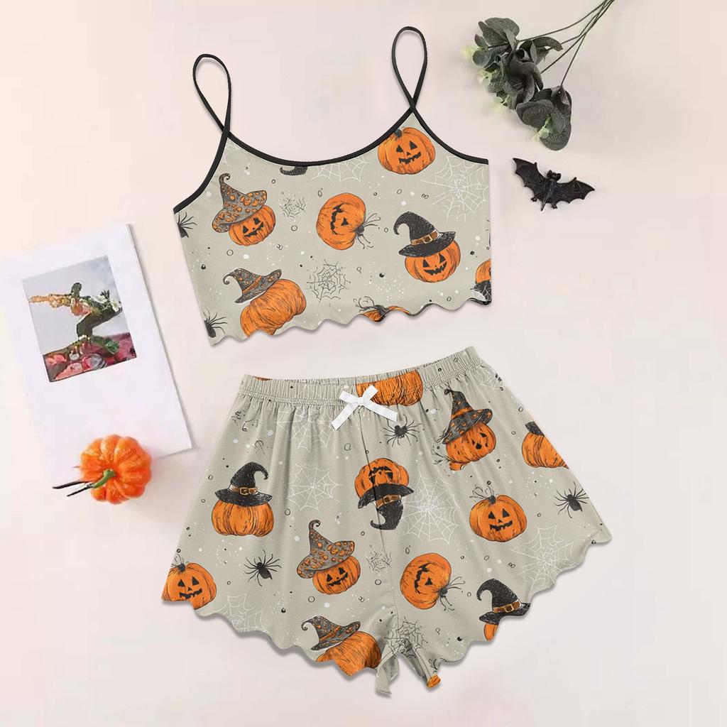 Women's Halloween Set With Retro Floral Print Suspender Sleeveless Vest Shorts Pajama Set