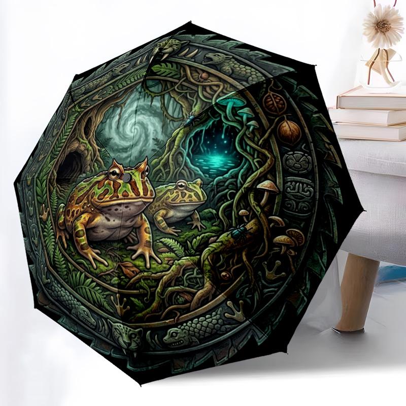 Jungle Frog Forest pattern umbrella, portable and foldable design, 8 ribs, a casual accessory for Halloween, Christmas, and birthday gifts.