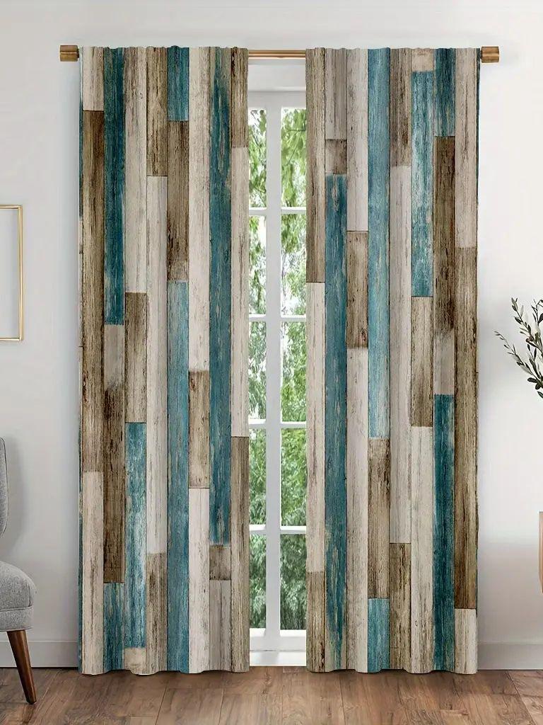 2 pieces of Retro wooden board printed curtains, pole bag curtains 42*84, home decoration, room decoration