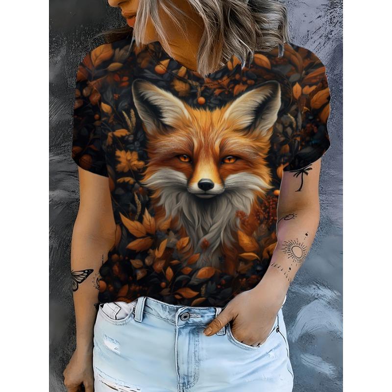 Women's Short-sleeved Round-neck T-shirt with Fox Pattern Print