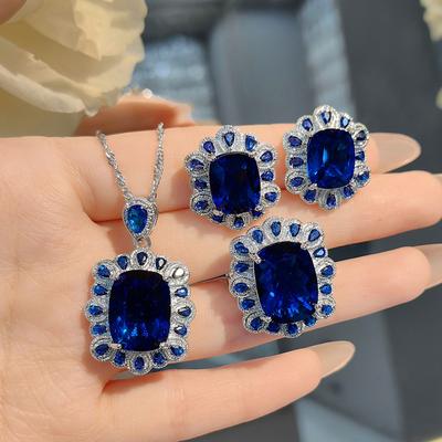 Simulation Royal Blue Treasure Pendant Necklace Pigeon Blood Red Earrings Set Emerald Female Stud Earrings Zircon Ring