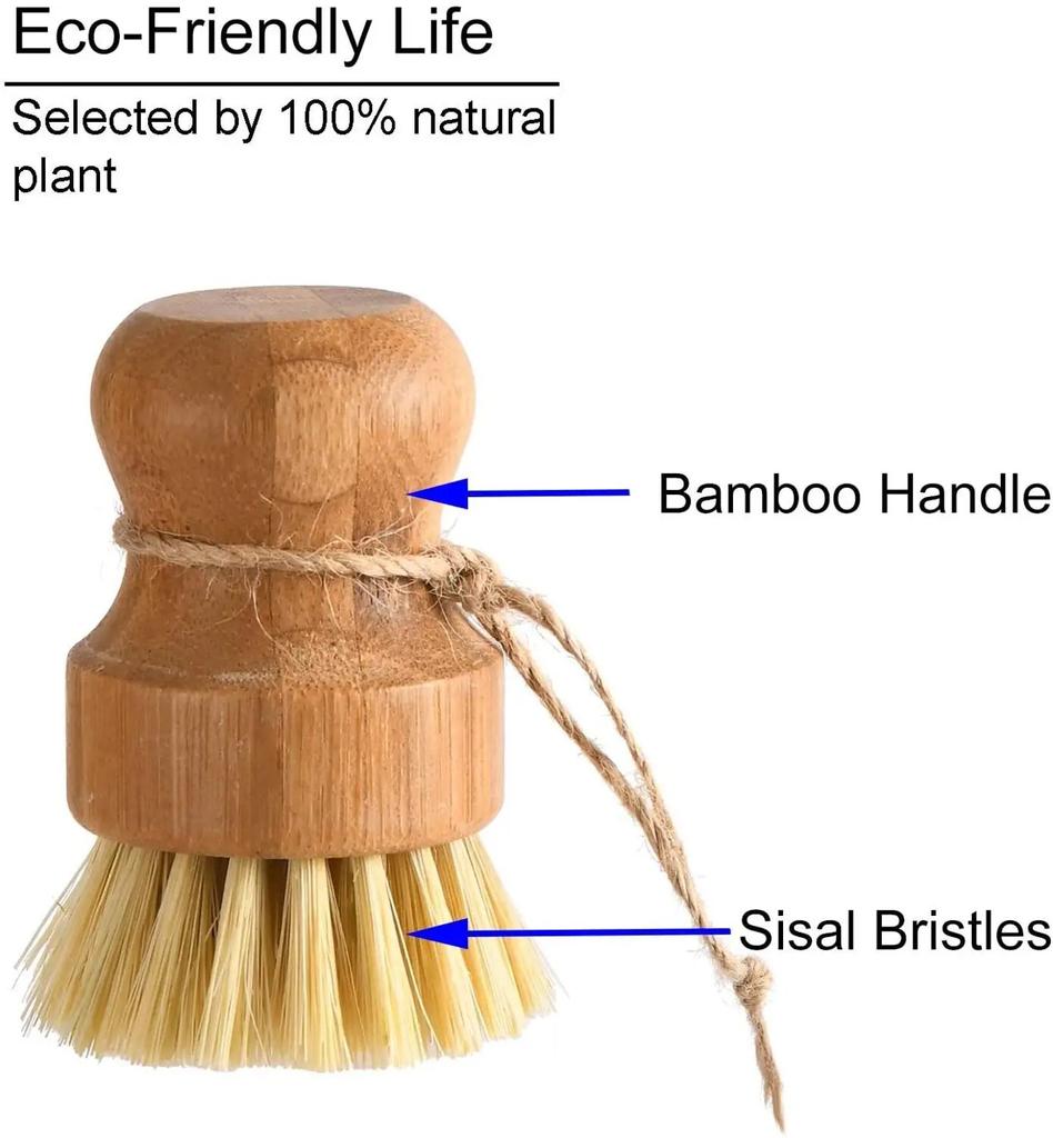 Bamboo Dish Scrub Brushes, Kitchen Wooden Cleaning Scrubbers for Washing Cast Iron Pan/Pot, Natural Sisal Bristles