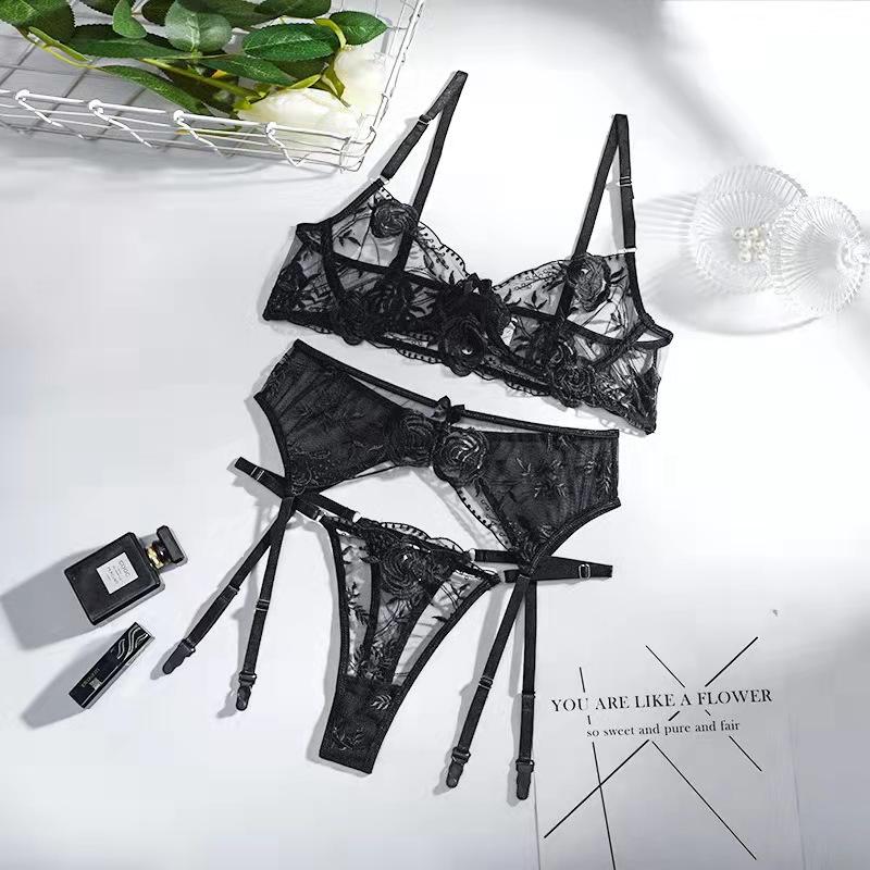 Sexy Lace Embroidery Bra Set For Women 3 Piece Set Black Mesh Patchwork Perspective Sexy Garters Steel Rings Exotic Underwear